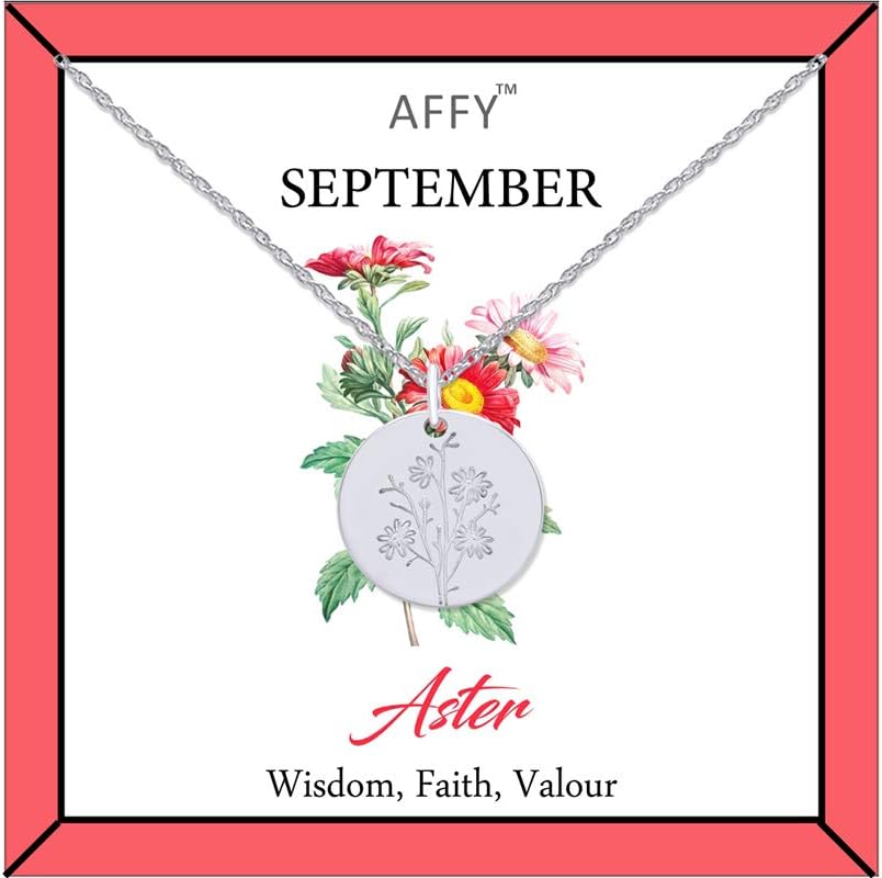 AFFYBirth Flower Necklace 18k Gold Plated Engraved Custom Floral Pendant Necklaces Dainty Birth Month Flower Disc Charm Hand Stamped Flower Disc Necklace, Gift For Her