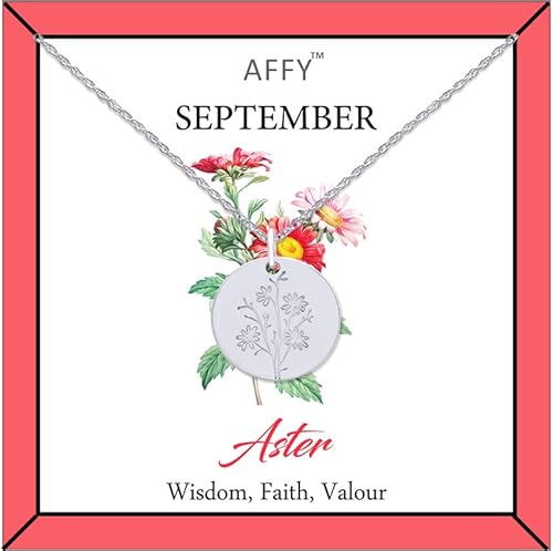 AFFY Collar de flor de nacimiento chapado en oro de 18 quilates grabado personalizado con colgante floral delicado mes de nacimiento, dije de disco