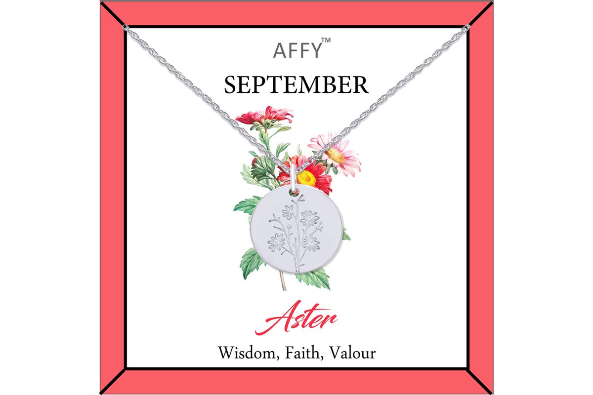 AFFYBirth Flower Necklace 18k Gold Plated Engraved Custom Floral Pendant Necklaces Dainty Birth Month Flower Disc Charm Hand Stamped Flower Disc Necklace, Gift For Her