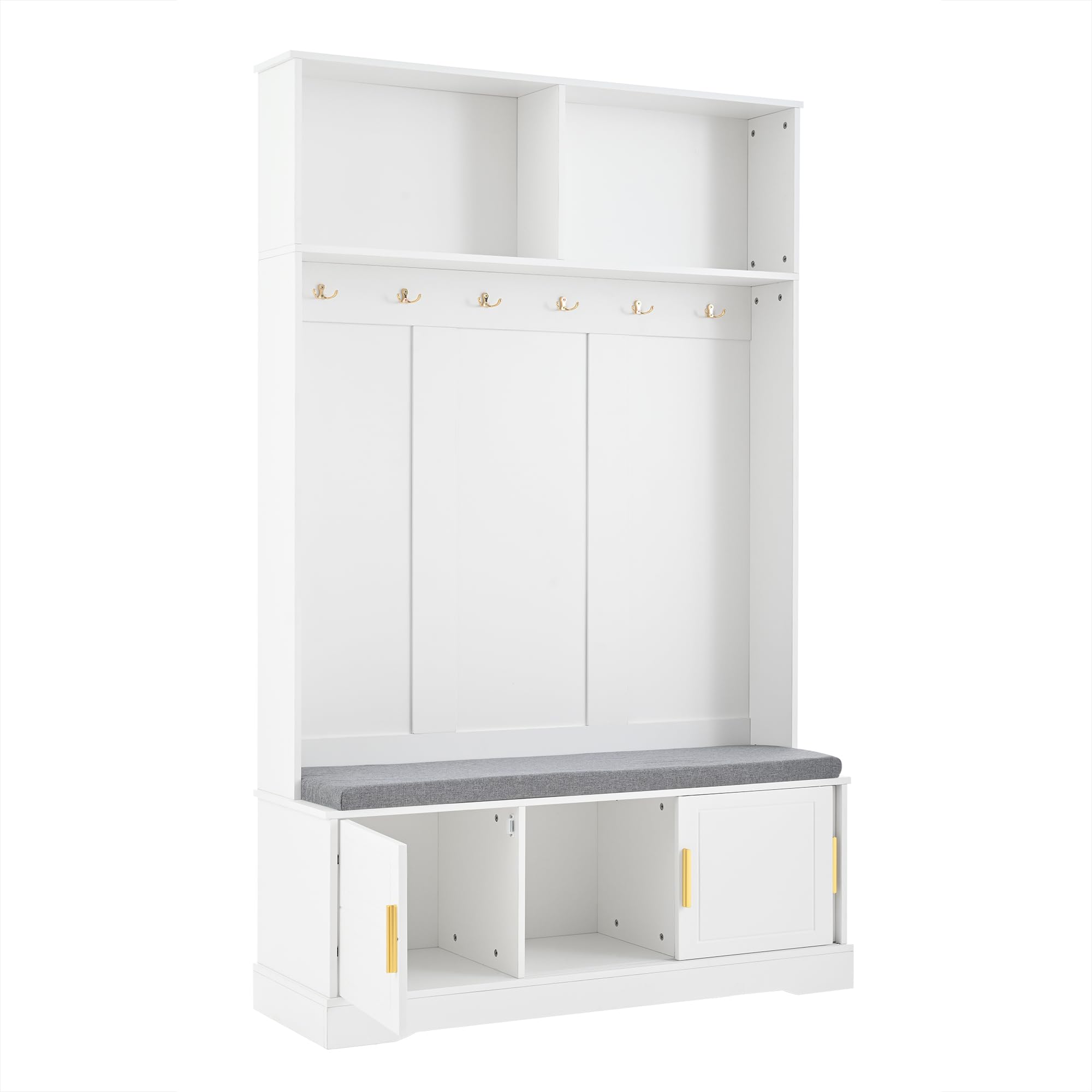 Conjunto de Recibidor de Entrada con 6 Ganchos, Perchero de Pared con Banco Zapatero para Zapatos, Juego de Mueble Recibidor con Espacio de Almacenamiento y Puertas, 191x120x40 cm (Blanco)