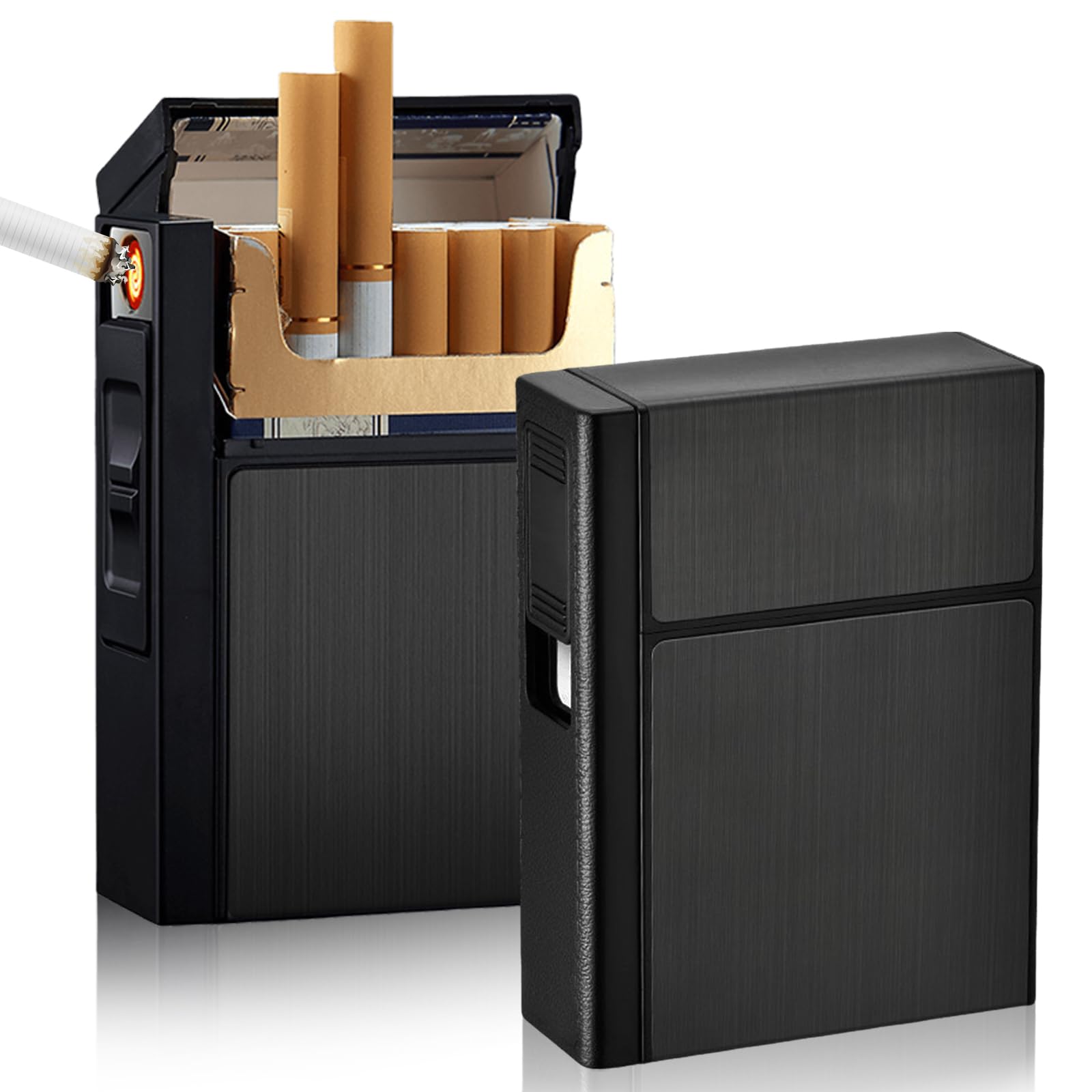 Set di 2 custodie per sigarette con accendino: scatola 2 in 1 in alluminio con accendino elettronico ricaricabile, dispenser nero