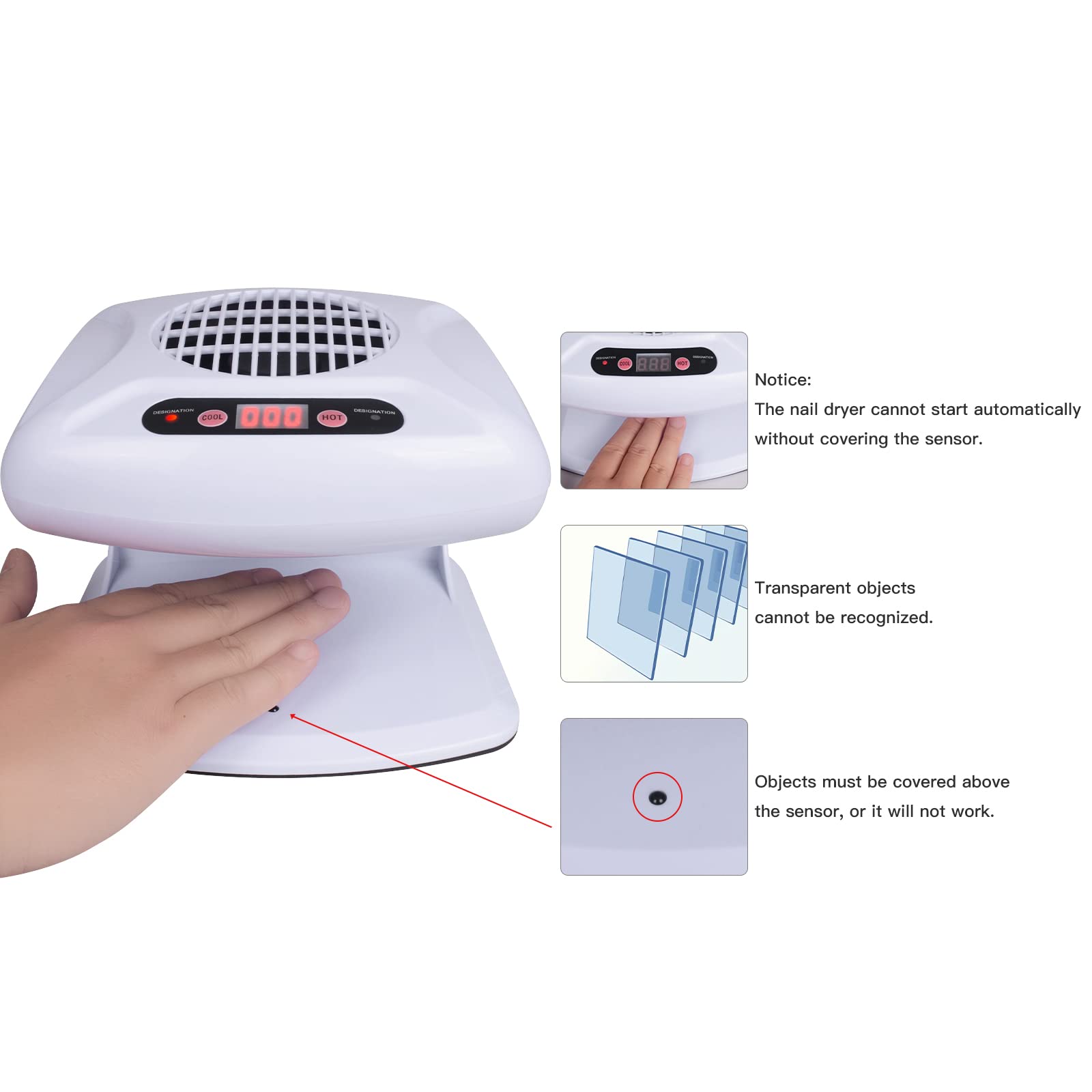 Secador de uñas de aire con sensor automático, ventilador de aire de 300 W para manos y pies, secador de viento cálido y frío para esmalte de uñas regular, uso doméstico y de salón