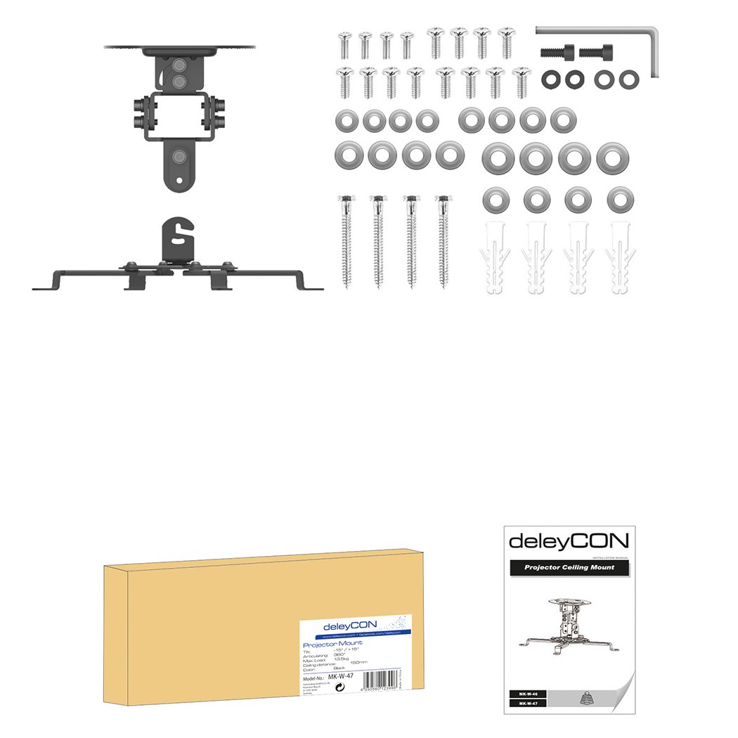 deleyCON Supporto da Soffitto Universale per Proiettore Inclinabile +-15° - Ruotabile di 360° - Portata max. 13,5kg - Gestione Cavi Integrata - Nero