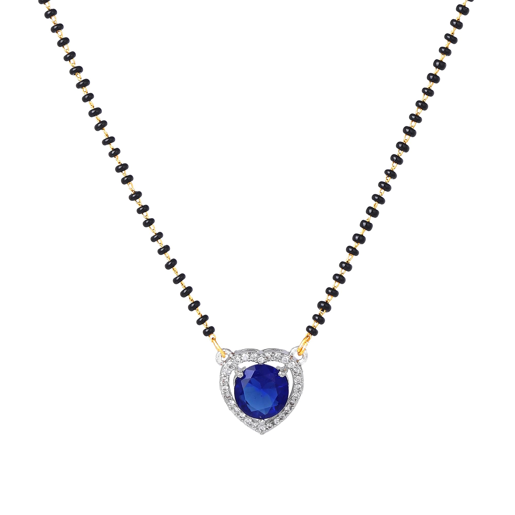 Gold & Rhodium Plated Stylish Heart Pendant Mangalsutra Chain with Black Beads & Blue Crystal for Women-image-36