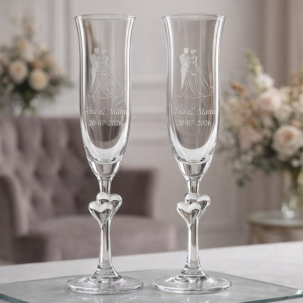 Copas de Boda Personalizadas para Novios con Corazón – Copas de Champán Grabadas con Nombre y Fecha – Copas Brindis Boda – Regalo para Novios con Estuche