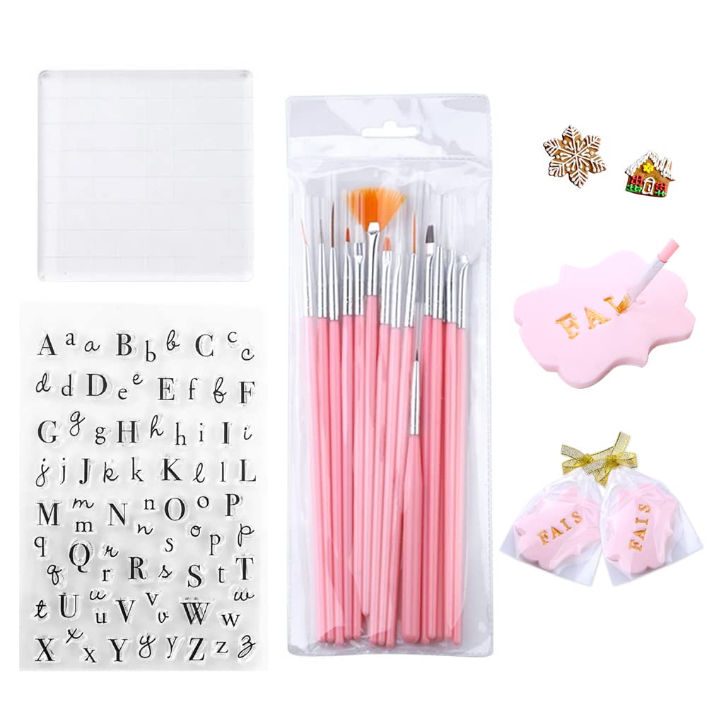 Fondant Letter Alphabet Cake Stamp Tool Biscuit Mould and Cake Painting Brushes for DIY Decorating Baking
