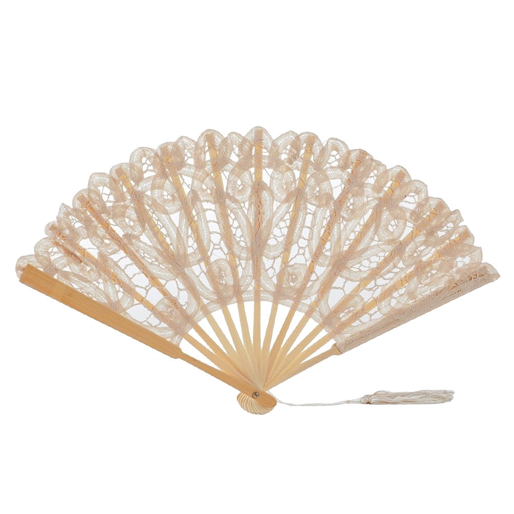 Luckystar4you Folding Handheld Fan Handmade Cotton Lace Embroidered with Bamboo Staves for Bridal Wedding Decoration Dancing Party Favor Gift Photo Props (Beige)
