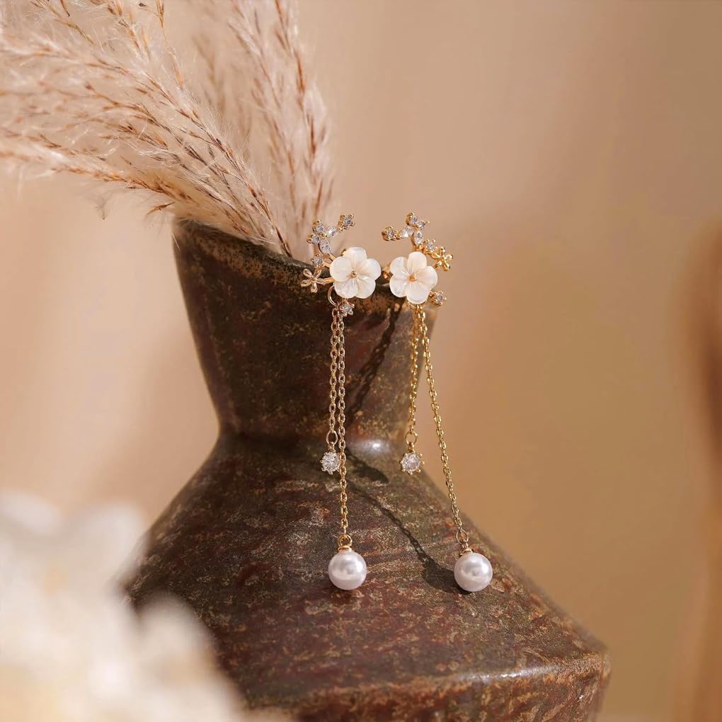 Gold Flower Earrings for Women,Long Pearl Crystal Dangle Earrings Charm White Floral Drop Earring,Aesthetic Everyday Petal Jewelry Accessories Gifts - Image 6