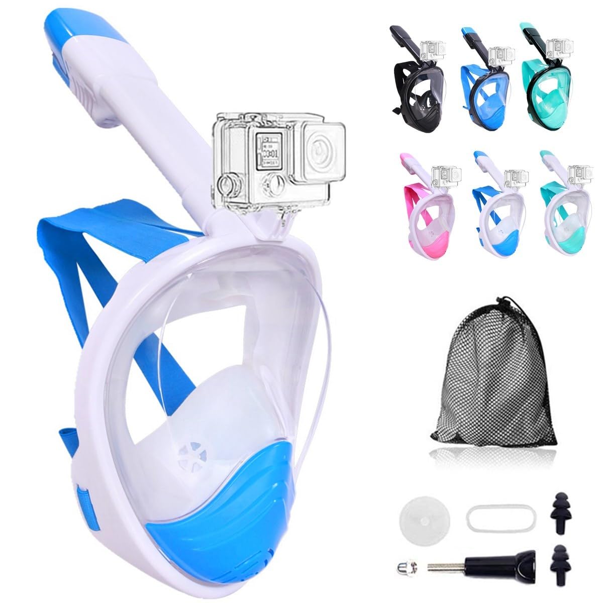 Wsobue Maschera Subacquea, Maschera da Snorkeling per Adulti,Visuale Panoramica 180° Design Pieno Facciale e Compatibile con Videocamere Sportive Maschera per Immersioni