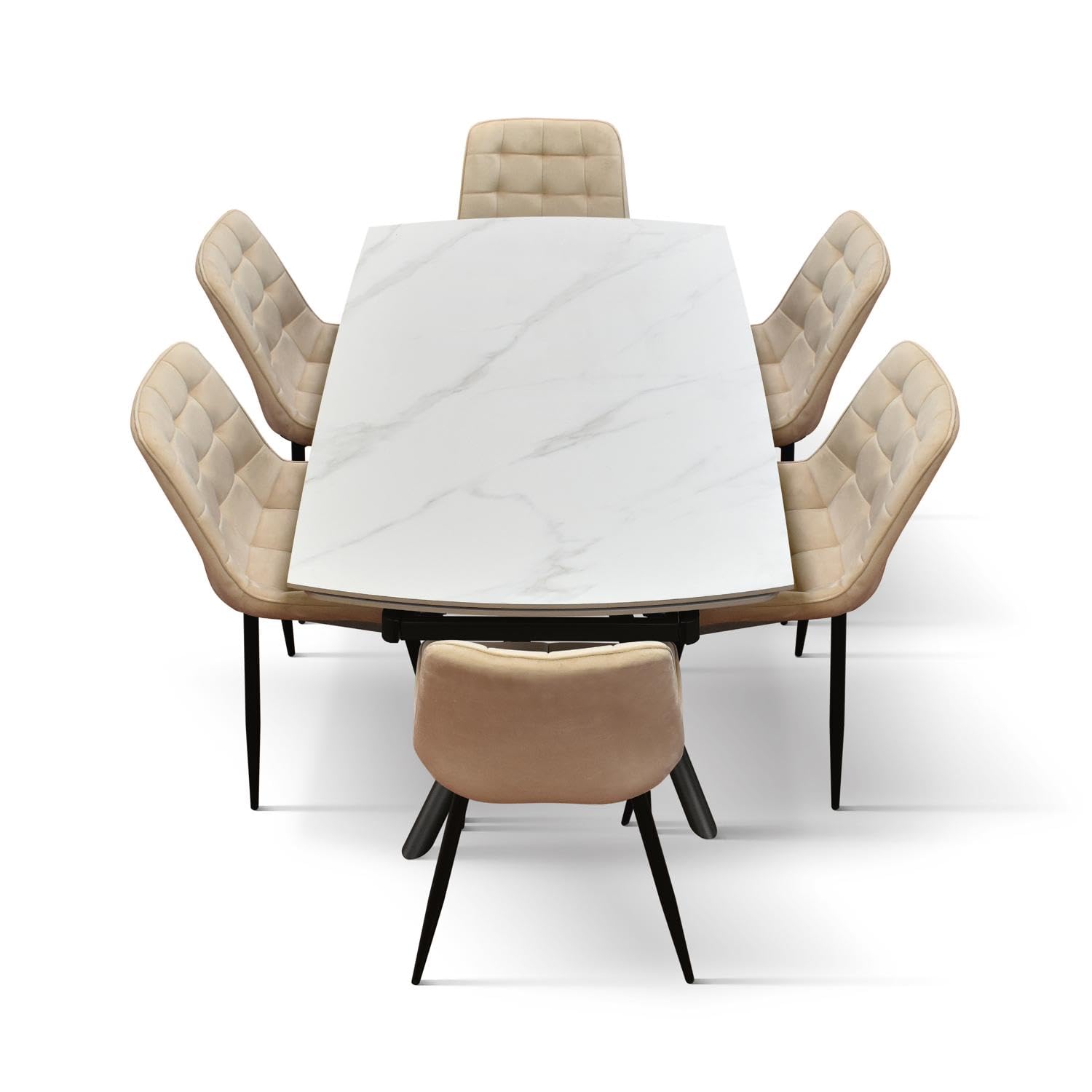 KONTE.DESIGN Tavolo BONIFACIO in ceramica bianco statuario e base in metallo verniciato nero, allungabile 160x90 cm - 240x90 cm