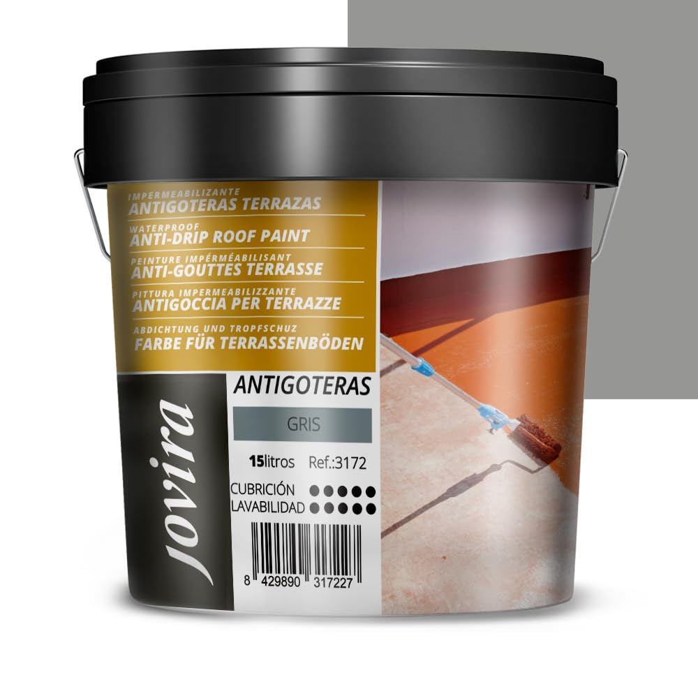 JOVIRA PINTURAS Impermeabilizante Antigoteras, Terraza Antigoteras Caucho Elástica, pintura de terrazas, evita filtraciones en todo tipo de cubiertas y terrazas. (15 Litros, Gris) A-50B