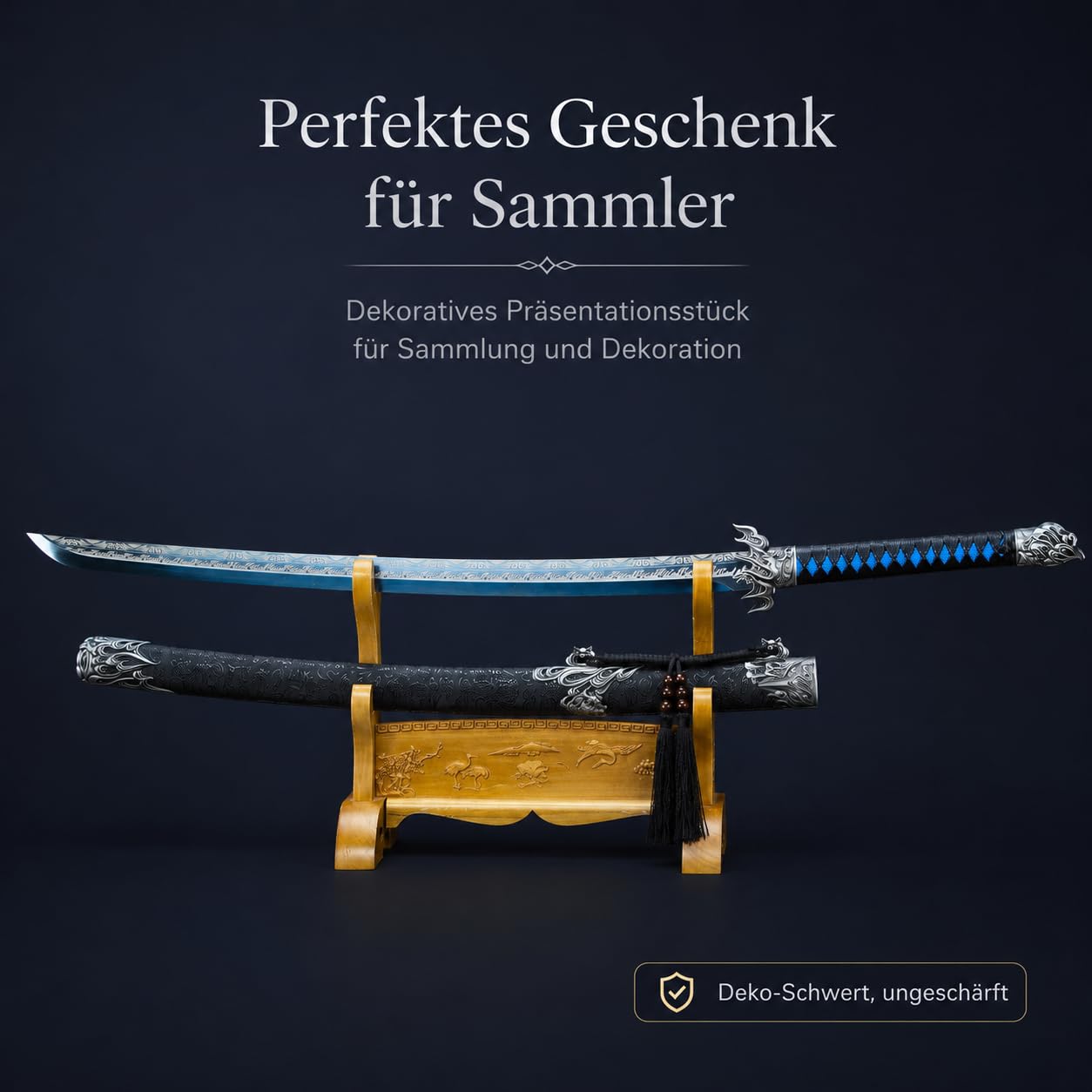 Katana Samurai Schwert - Japanisches Dekorationsschwert mit Blauer Klinge & Gravuren - Ungeschliffene Edelstahlklinge - ABS-Scheide - Perfekt für Sammler & Anime Deko
