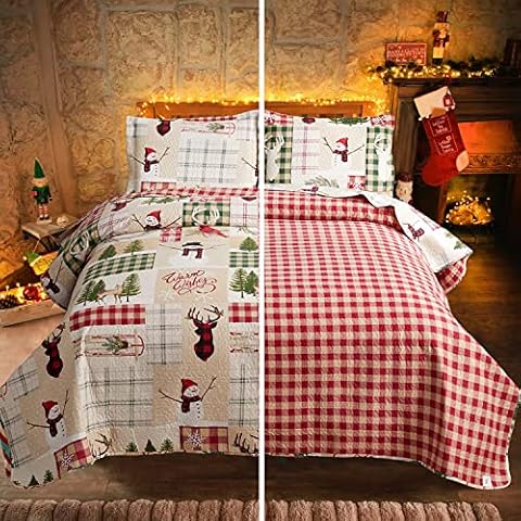 Christmas Quilt Set King Size Christmas Bedding Reversible Quilt Rustic Lodge Moose Buffalo Red Plaid Patchwork Bedding Holiday Xmas Home Decor Lightweight Quilt Bedspread Coverlet Cover