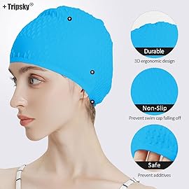 Tripsky Silicone Swim Cap,Comfortable Bathing Cap Ideal for Curly Short Medium Long Hair, Swimming Cap for Women and Men, Shower Caps Keep Hairstyle Unchanged (SKU Blue)