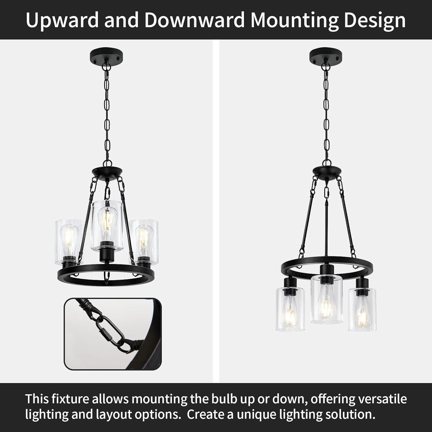 3-Light Modern Farmhouse Chandeliers for Dining Room,Wagon Wheel Black Chandelier,Adjustable Height Hanging Round Pendant Lights for Kitchen Island Clear Glass Shade Ceiling Light fixtures