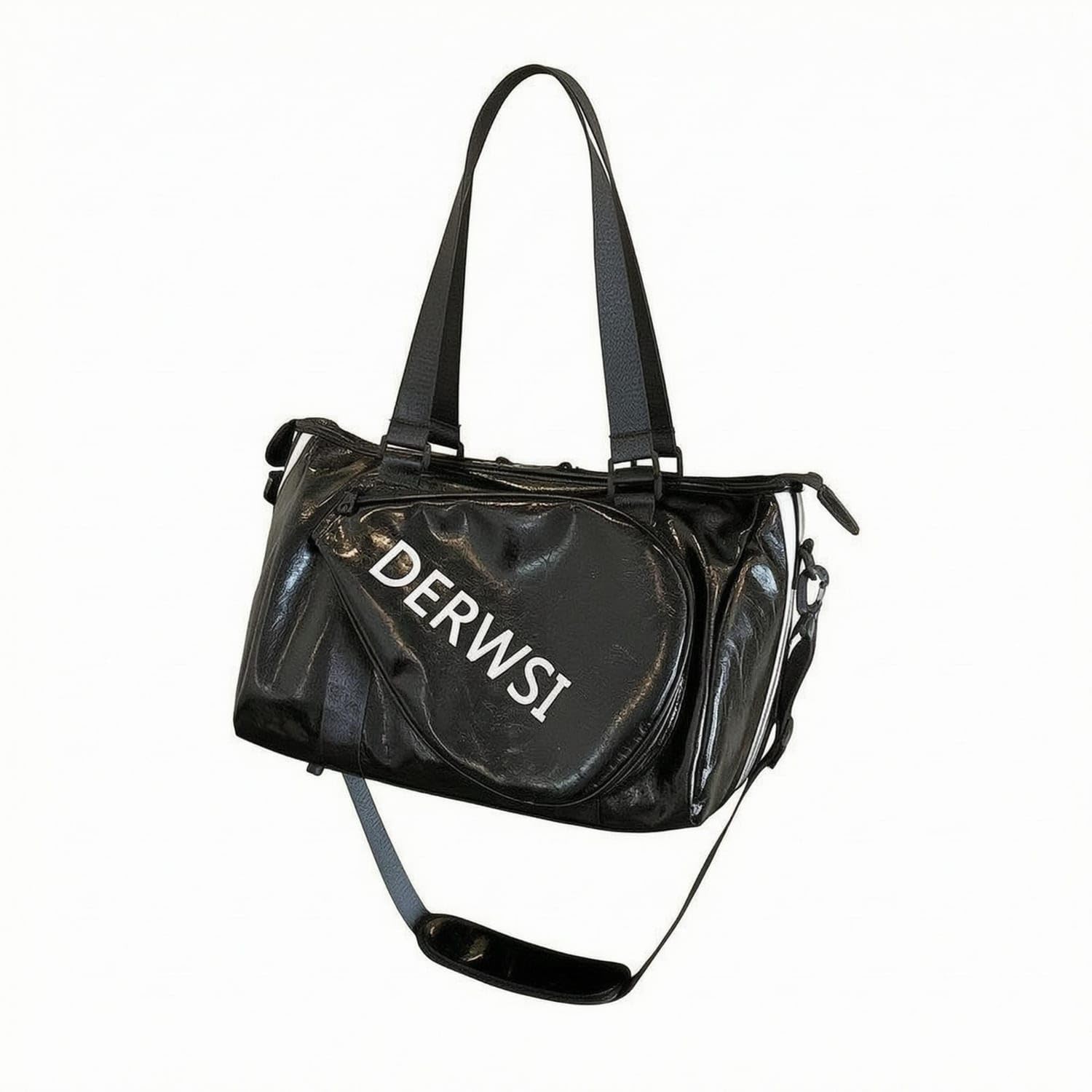 URJIX™ Glossy Rectangular Duffel Bag Detachable Strap PU Black | Carrying Options Construction Storage Detail Black-image-15