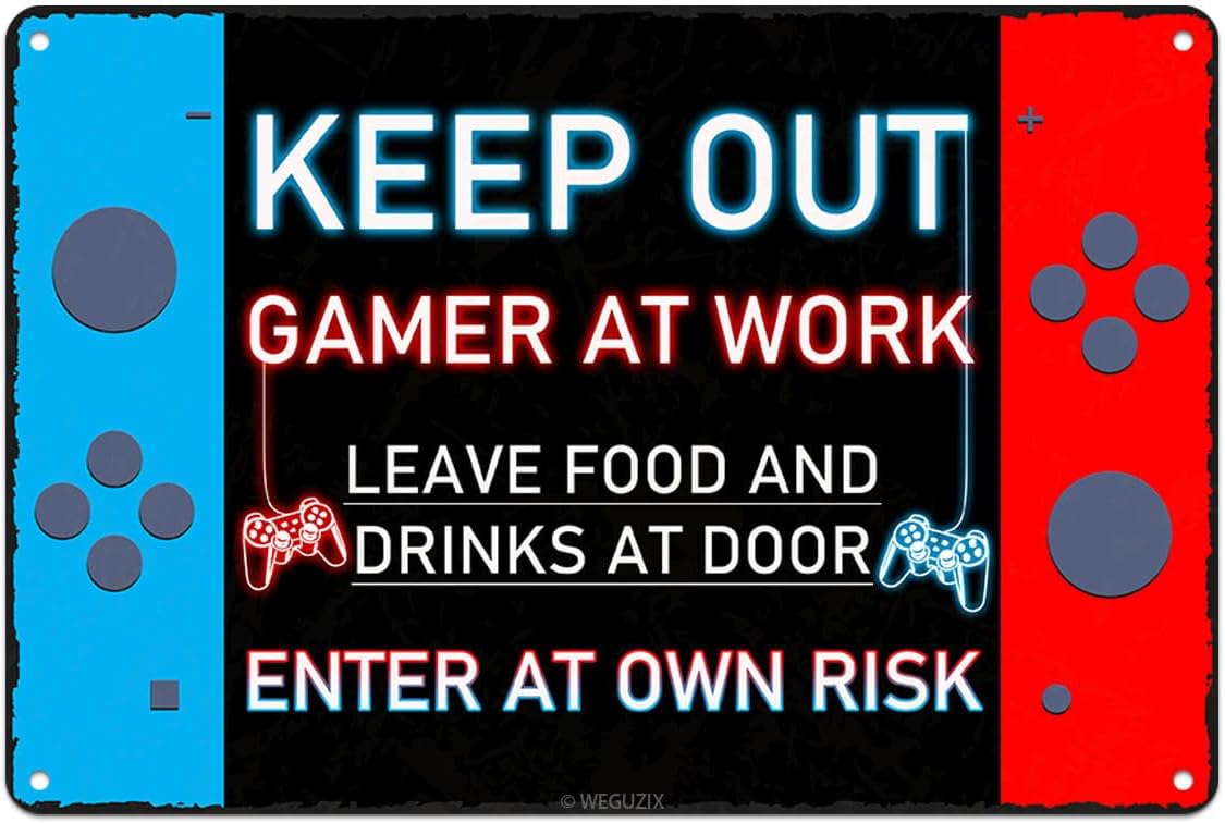 Game Room Signs Vintage Art Poster Metal Hanging Plaque Wall Decor Home Pub Cafe Bar Club Farmhouse Mancave Outdoor Indoor Decorations 8X12 Inch (Keep Out Gamer At Work Sign)