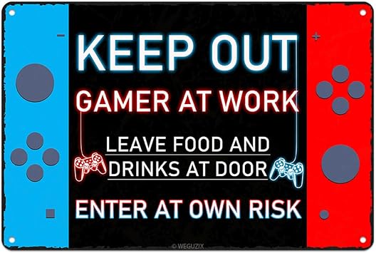 Game Room Signs Vintage Art Poster Metal Hanging Plaque Wall Decor Home Pub Cafe Bar Club Farmhouse Mancave Outdoor Indoor Decorations 8X12 Inch Keep Out Gamer At Work Sign