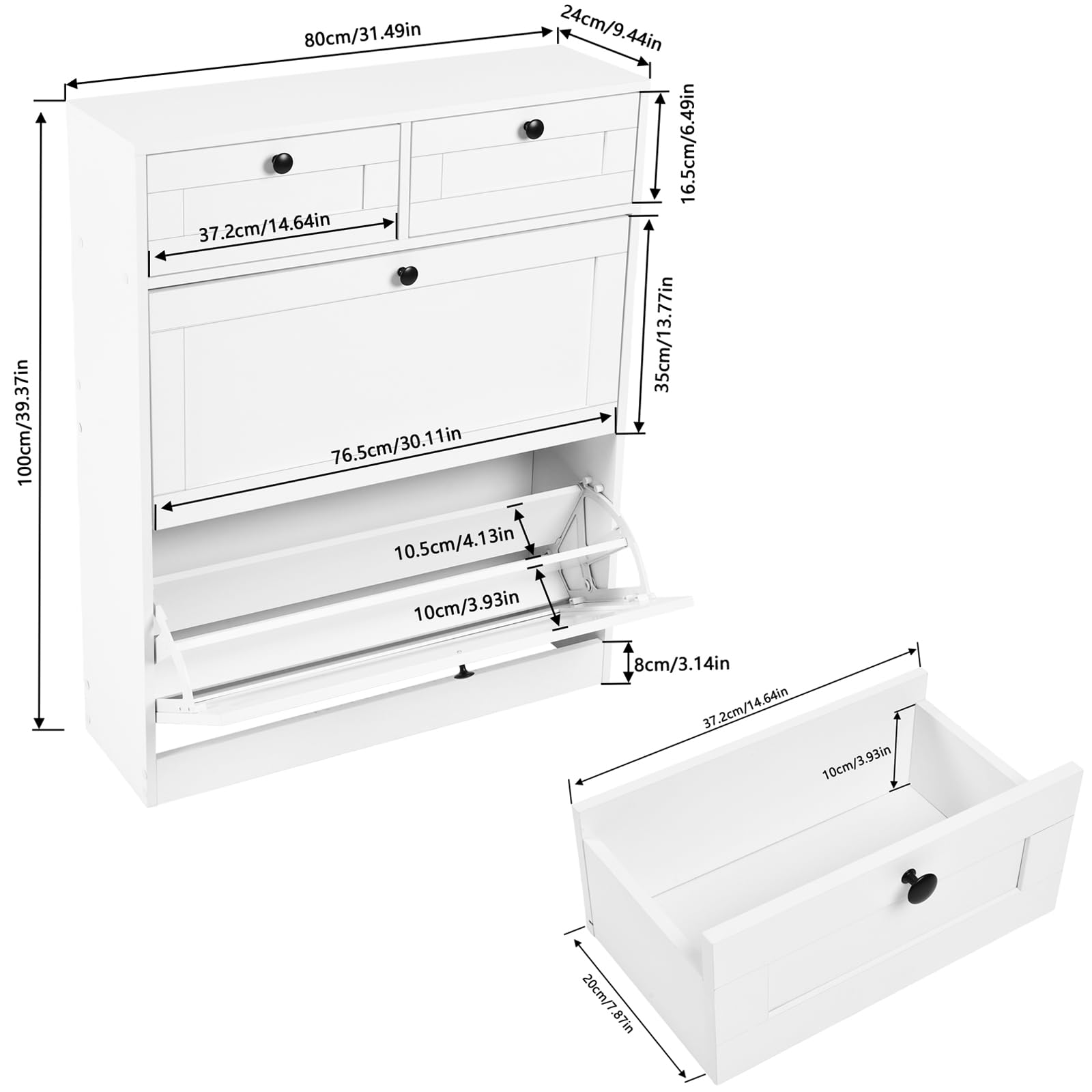 2er-Set Schuhschrank Schmal, Schuhkipper Weiss Schmal mit 2 Klappen & 2 Schubladen, Schuhregal Weiß mit verstellbaren Trennwände, Schuhkommode für Flur Eingang und Wohnzimmer, 80x24x100 cm