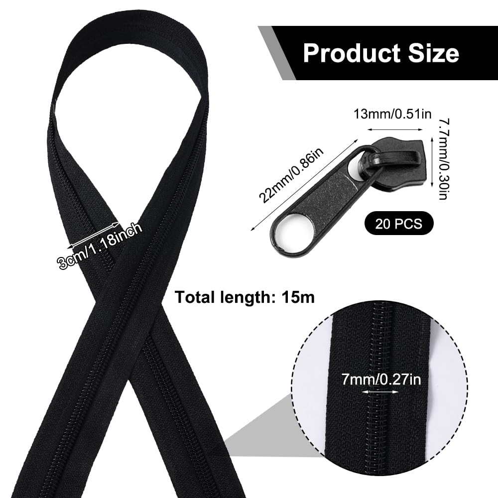 Fermeture Éclair Nylon Noir #5 - Rouleau 9.3m Avec 20 Curseurs - Pour Couture Et Travaux Manuels