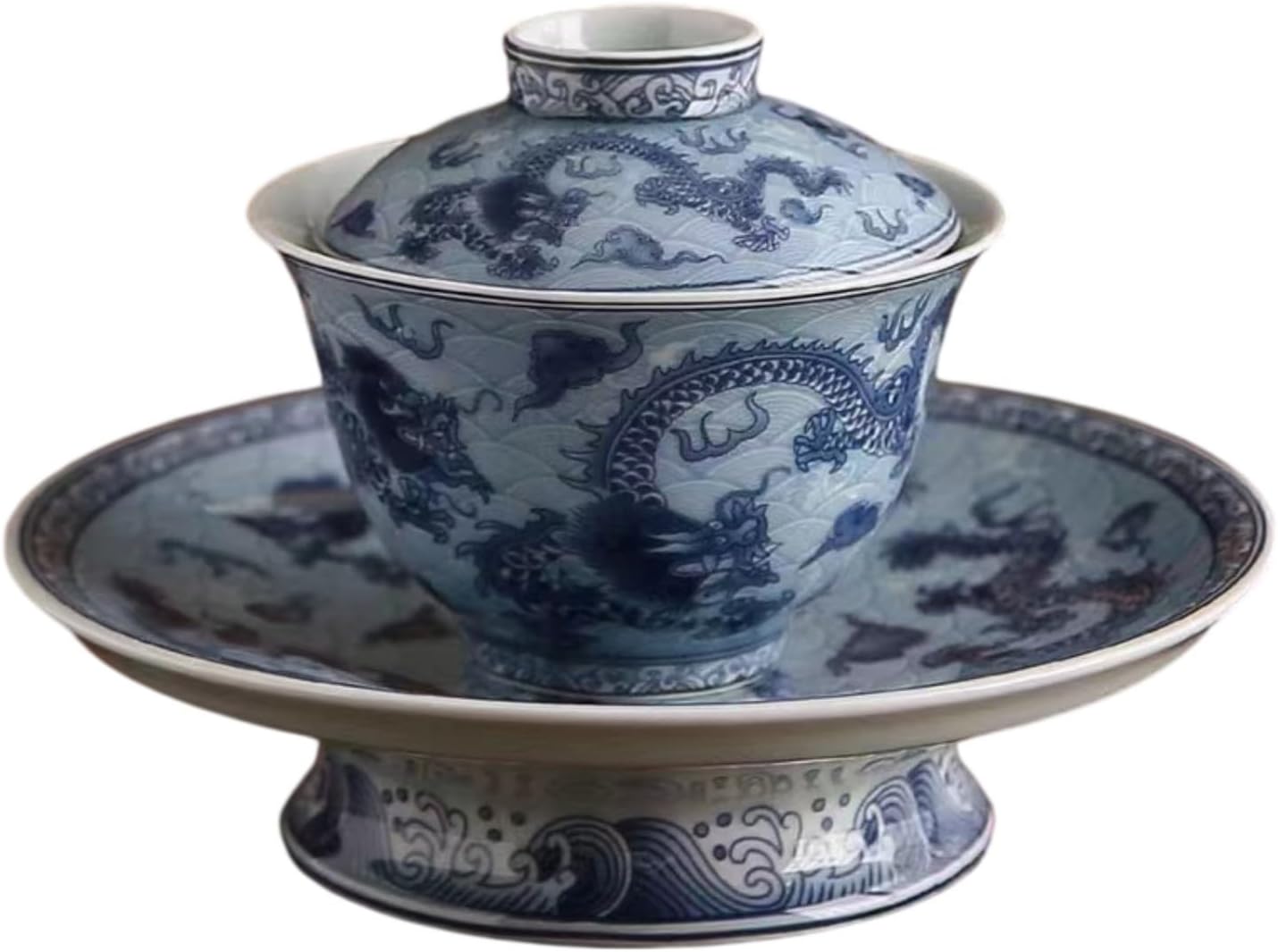 仿古陶瓷复古风中式青花瓷三才盖碗手工 Ceramic Kung Fu Tea Set,teapot,Teacups,warming Wedding Birthday Gift,Tea Tray Chinese,Dishwasher Safe 古龙