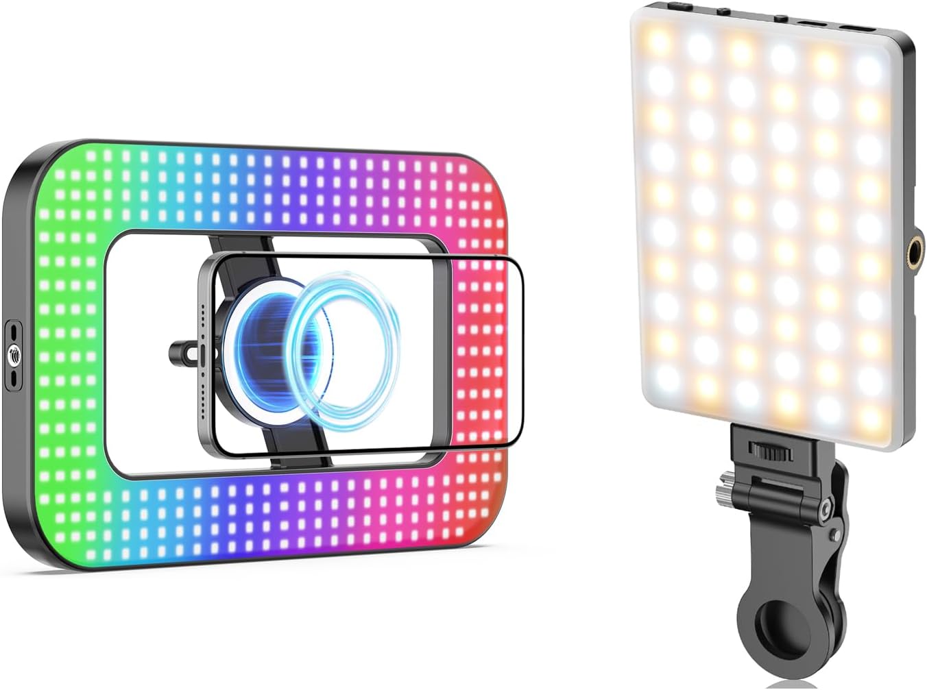 TONEOF 60 LED Phone Light with Clip Bundle with 448 LED RGB Magnetic Selfie Light for Magsafe/Phones/Video Recording/Makeup/Photos