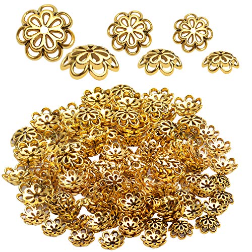 Jewelry Bead Caps, 120pcs Alloy Hollow Double Flower Bead Caps Loose Bead Spacer End Bead Caps Crafts Supplies for DIY Bracelet Necklace Earring, Antique Golden, 10mm, 12mm, 15mm