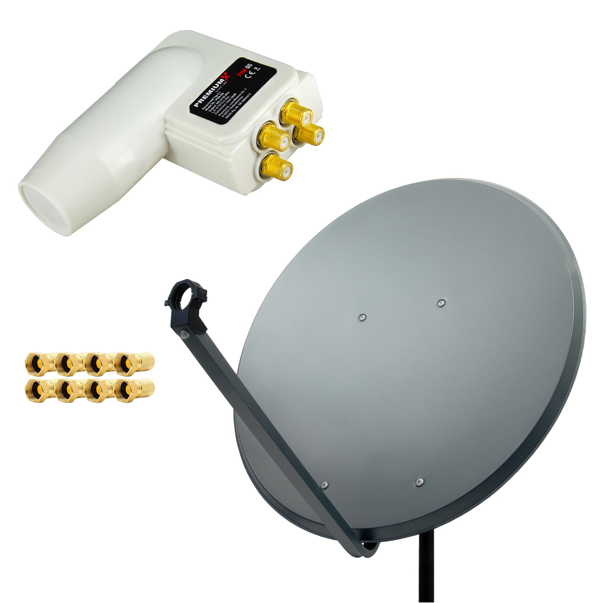 PremiumX Satelliten-Komplettanlage 100cm Satellitenschüssel Aluminium Anthrazit Quad LNB 8X F-Stecker, 1 SAT bis 4 Receiver