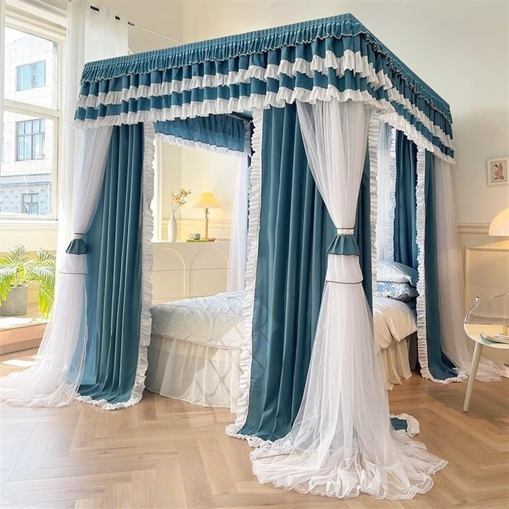 Miusocal Elegant Double-Layer Bed Canopy Curtain with Ruffle Design, 4 Corners Canopy Bed Curtains with Mosquito Net, Stainless Steel Frame, Bedroom