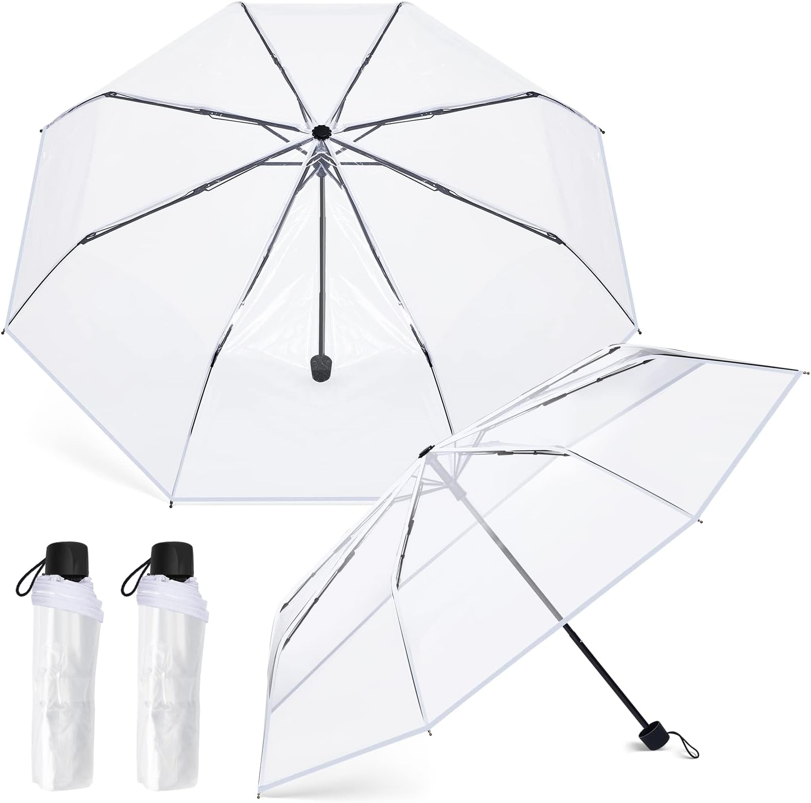2 Pcs Clear Umbrella Transparent Portable Umbrella Compact Foldable Umbrellas Manual Open Close Folding Umbrellas for Wedding Travel, Dating