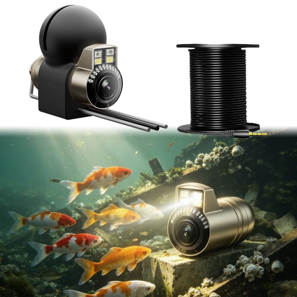 Caméra sous-marine pour la pêche avec grand angle de 195°, capteur de température et de profondeur, 14 LED IR pour vision nocturne, étanche IP68, boîtier en métal, noir et doré