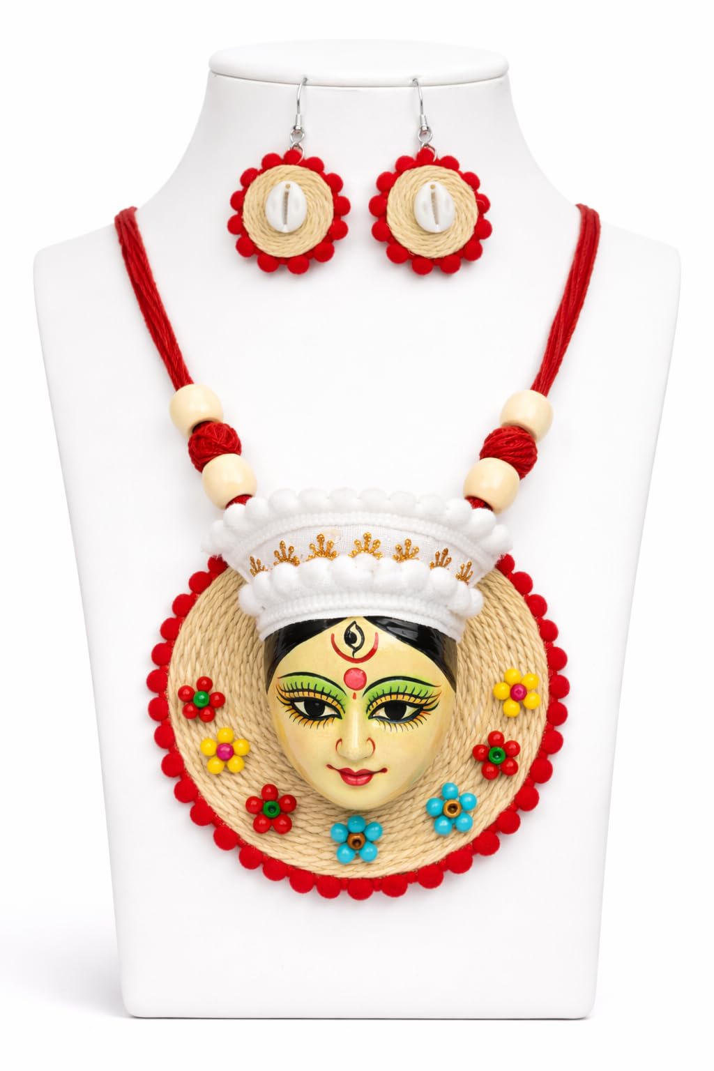 Handcrafted Terracotta Durga Devi Jute Art Necklace Set, Traditional Indian Design, with Matching Earrings-image-0