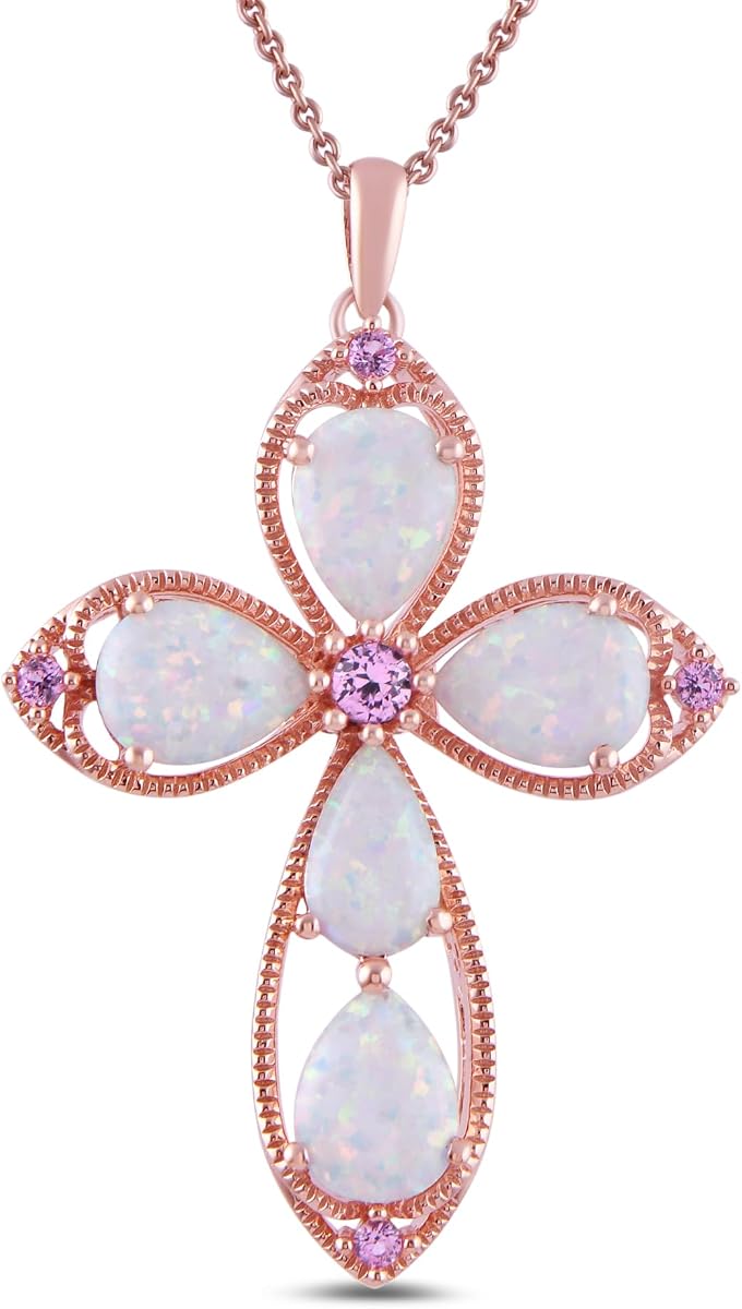 Women's Rose 14K Gold over Sterling Silver Cross Pendant Necklace with Created Opal and Created Pink Sapphire, 18"