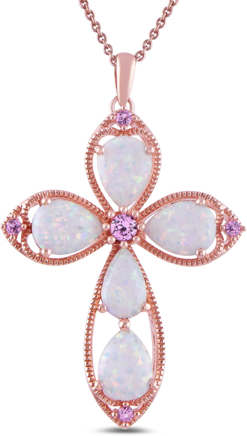 Amazon Essentials Women's Rose 14K Gold over Sterling Silver Cross Pendant Necklace with Created Opal and Created Pink Sapphire, 18"