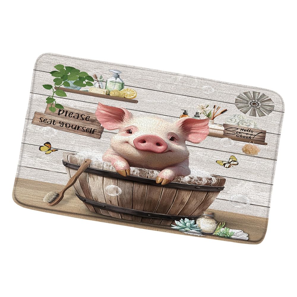 QWRSMYX Funny Pig Bath Mat Farmhouse Animal in Bathtub Farm Rustic Bathing Bubbles Cute Country Wooden Positive Word Bathroom Rugs Bedroom Kitchen