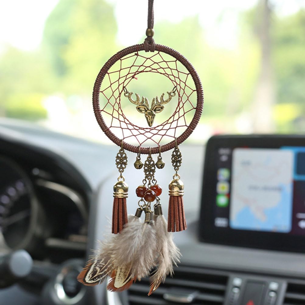 Ciieeo Dream Catcher Hanging Pendant with Deer Head Feather Car Decoration 9.84X2.95X0.39In Wall Art for Home Office Bedroom Gift