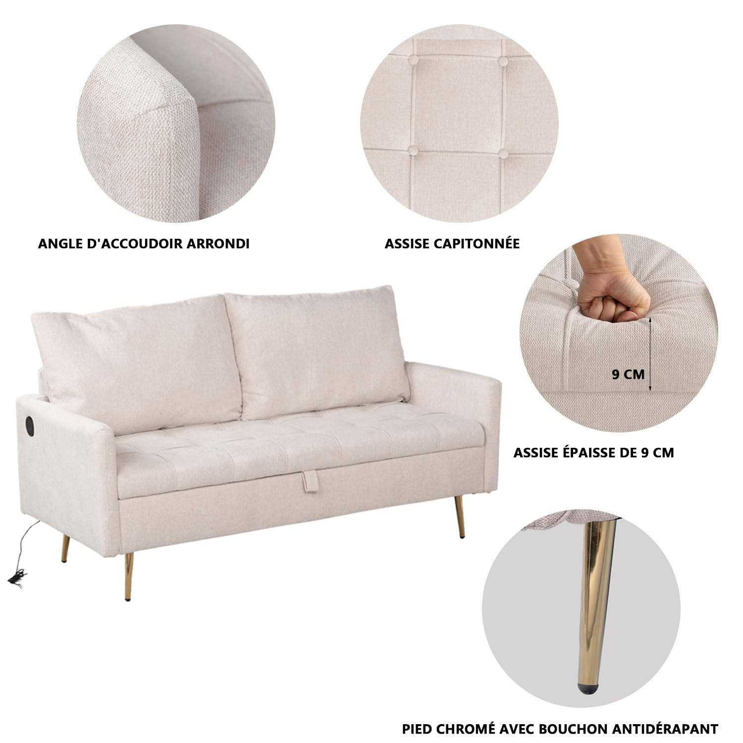 MEUBLE COSY Divano Imbottito 2 Posti in Tessuto con Porte USB e Vano Contenitore, Gambe in Metallo, Design Moderno per Soggiorno Camera da Letto e Appartamento, Beige