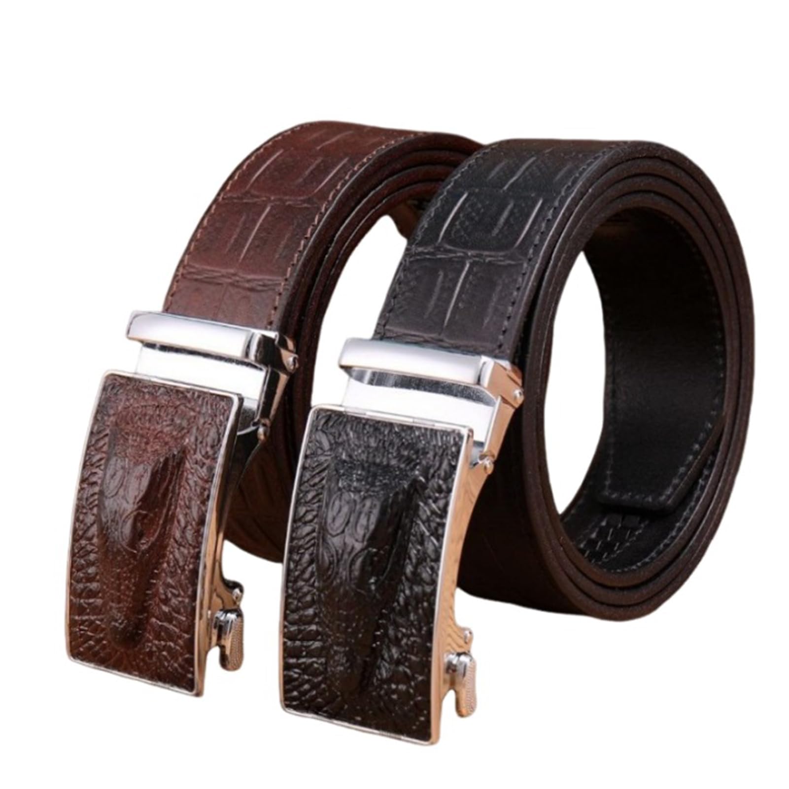 Cinturón de costura de cuero para hombre, hebilla de trinquete automática, correa de cintura deslizante, ajuste para adaptarse con cabeza de cocodrilo grabada
