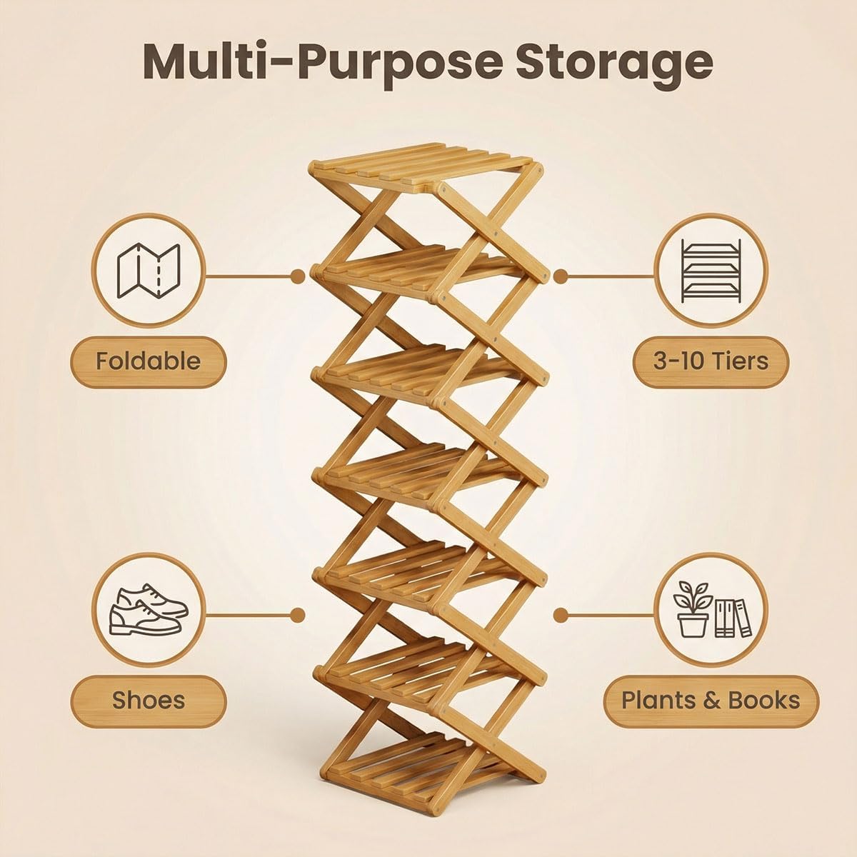The 9-Tier No-Assembly Bamboo Rack, 7 Tier Bamboo Shoe Rack, Foldable Bamboo Shoe Rack, Without Installation Free Standing Shoe Rack for Corridors, Bedrooms Living Room Corner (White, 6Tier)