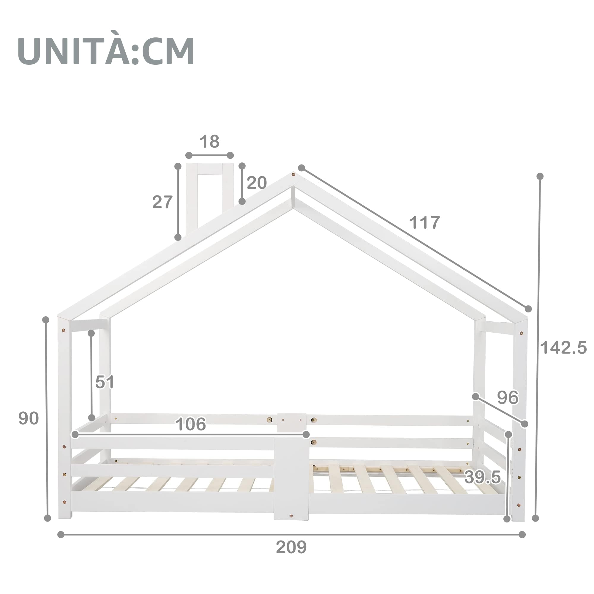 Moimhear Letto per bambini, 90 x 200 cm, in legno di pino per bambini