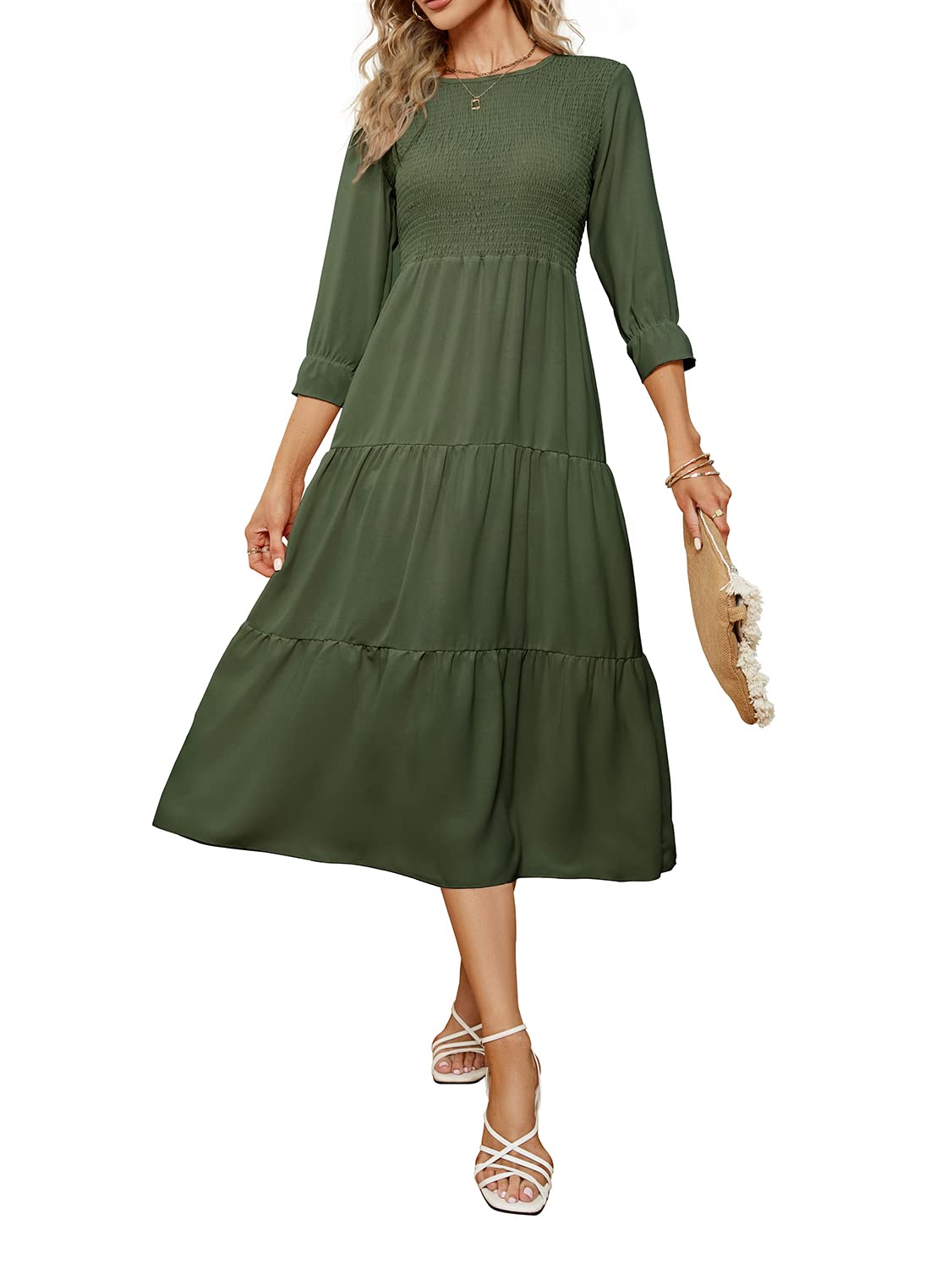 Photo 1 of Asdazrxy Women's Round Neck 3/4 Sleeve Smocked Maxi Dresses Casual Tiered A-Line Dress(ArmyGreen,X-Large)