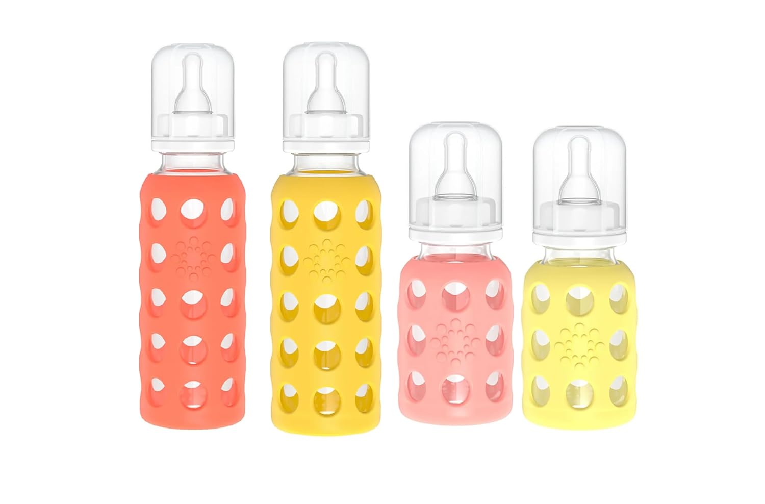 Lifefactory Glass Baby Bottles with Silicone Protection - 4-Pack, 4 oz/9 oz Bottles, (1- Banana, 1- Mango, 1- Cantaloupe & 1- Papaya)