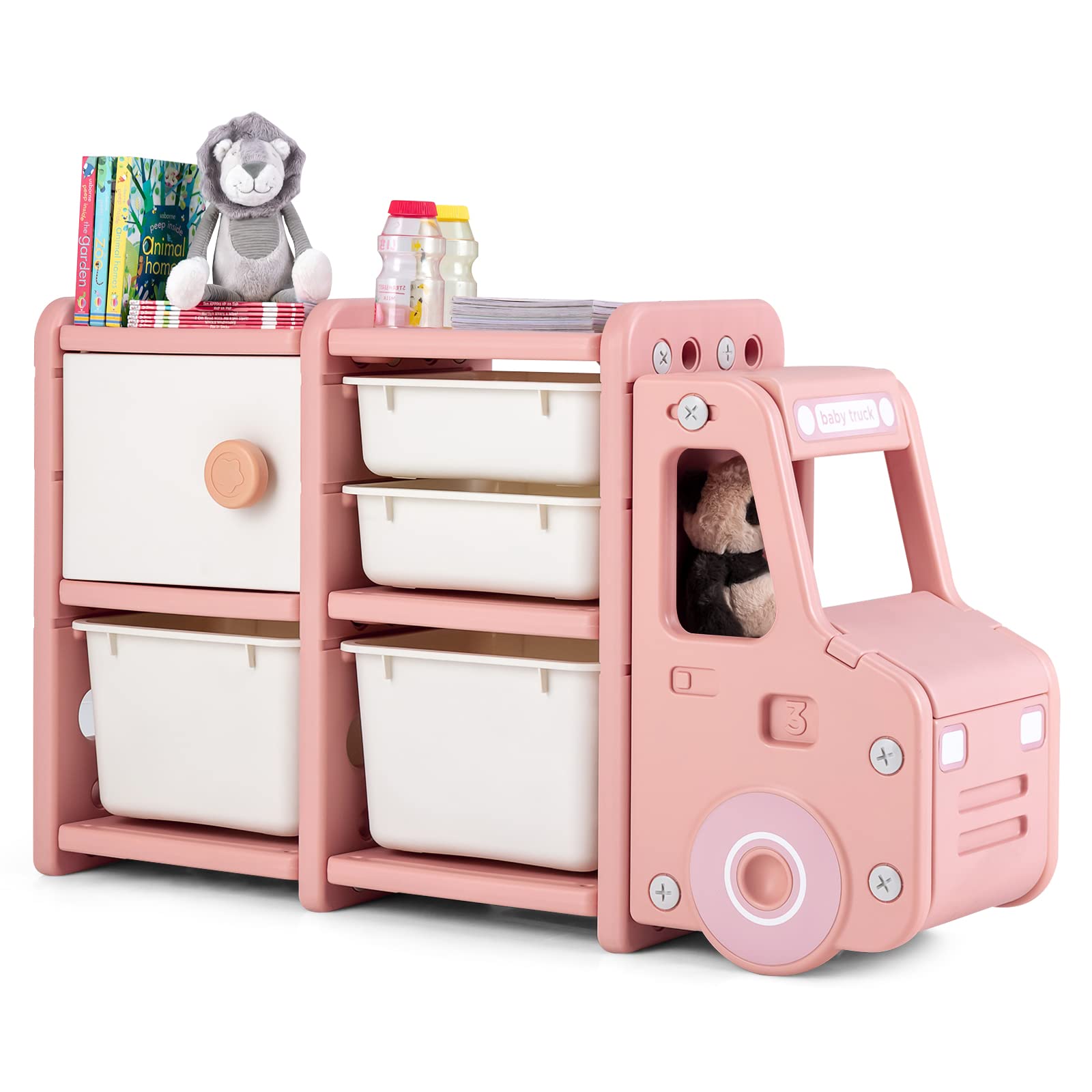 COSTWAY Kids Storage Units, Children Toy Organizer with Plastic Bins, Pull-Out Drawers and Door Cabinet, Toddler Storage Chest for Nursery Playroom Bedroom (Pink Car Shape, 112 x 35 x 66cm)
