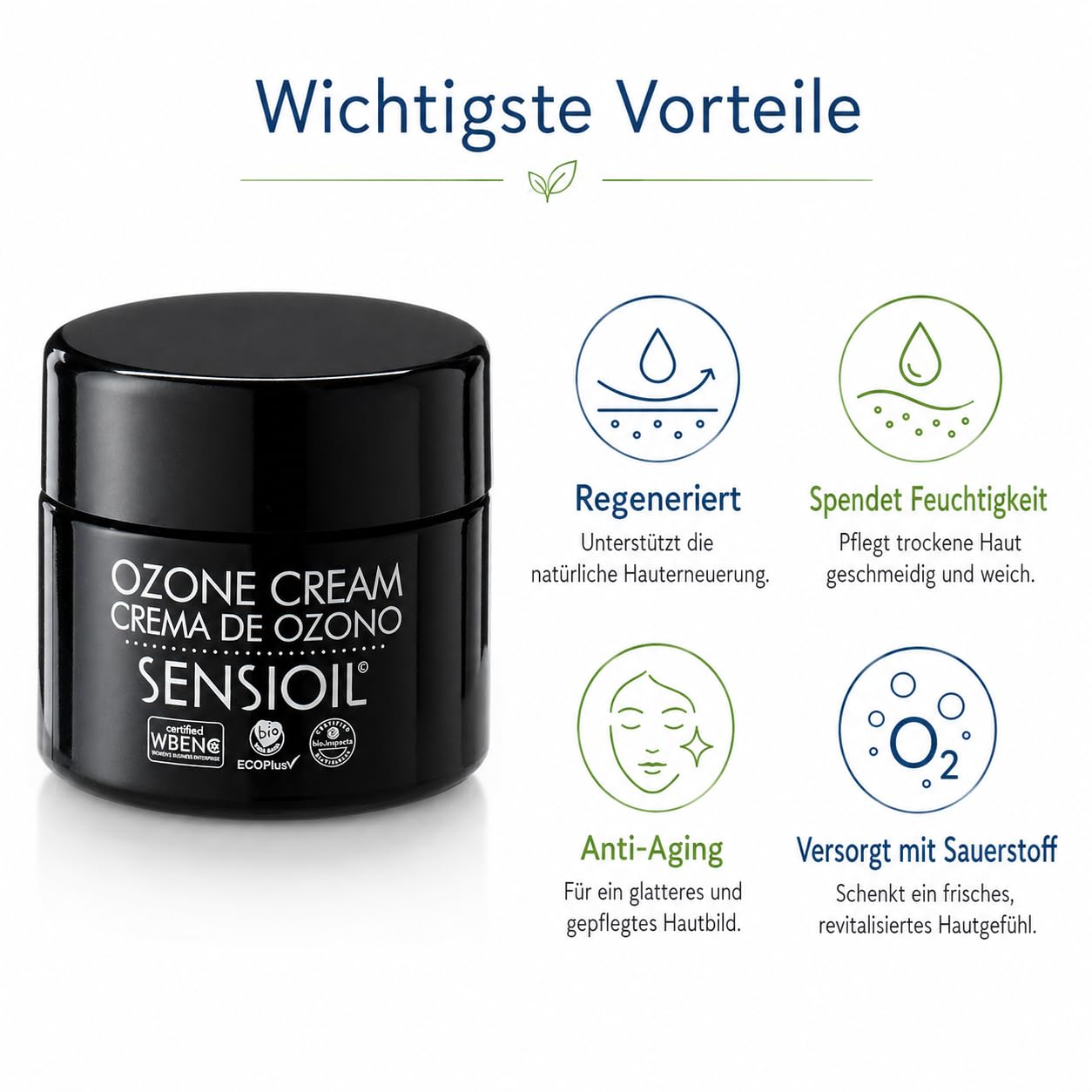 OZOLABS Ozon-Gesichtscreme 50 ml - Feuchtigkeitscreme Anti-Aging für empfindliche Haut | Ozonöl Olive, Sonnenblume + Aloe Vera | Regenerierend für Tag & Nacht | Vegan, Bio | EcoPlus · ISO 9001