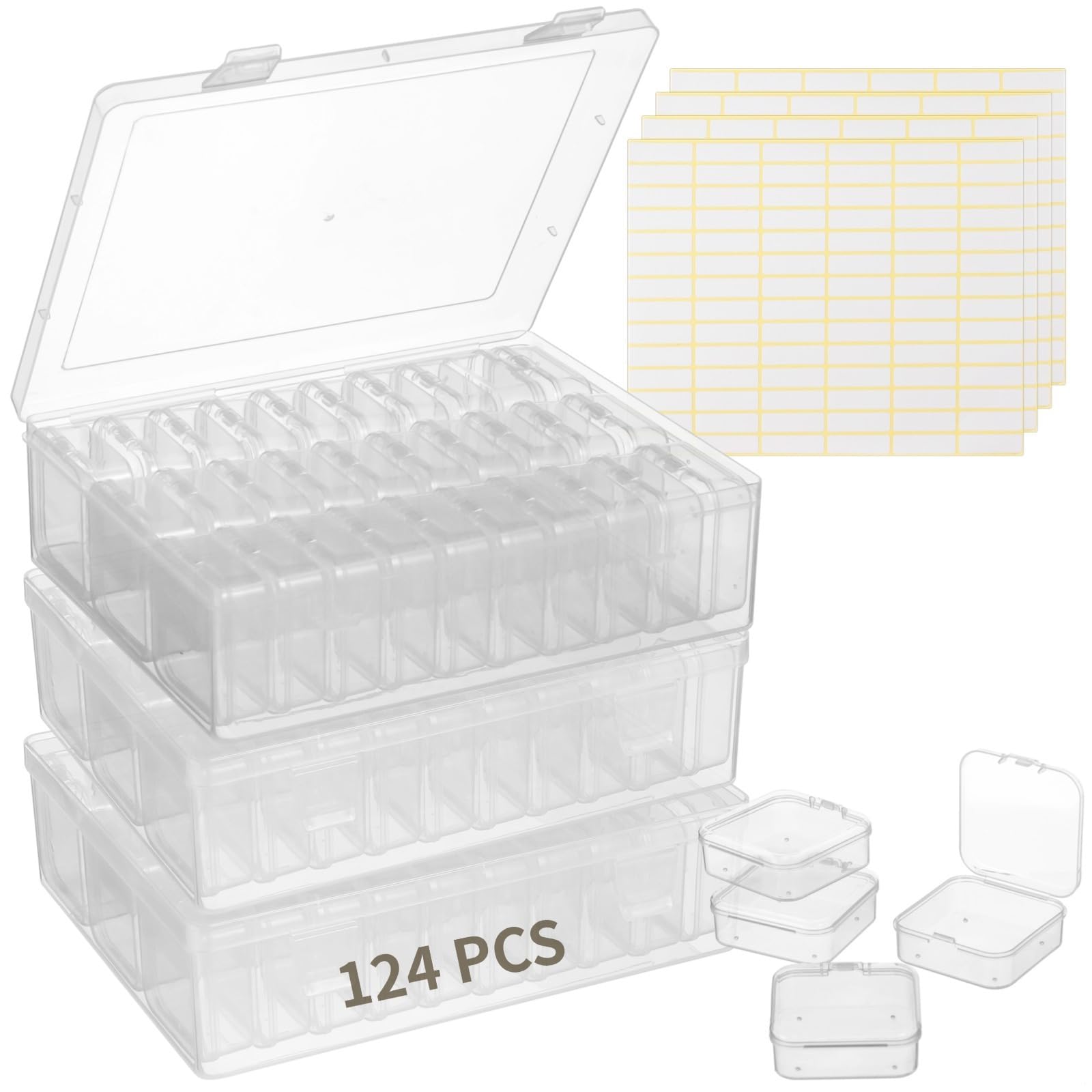 SWEWARM 120Pcs Small Clear Plastic Bead Storage Containers, 4 Craft Storage Boxes with Hinged Lid, 336 Labels, Mini Box for Jewelry Making Bracelets Beading Nails Screws Seeds Small Parts