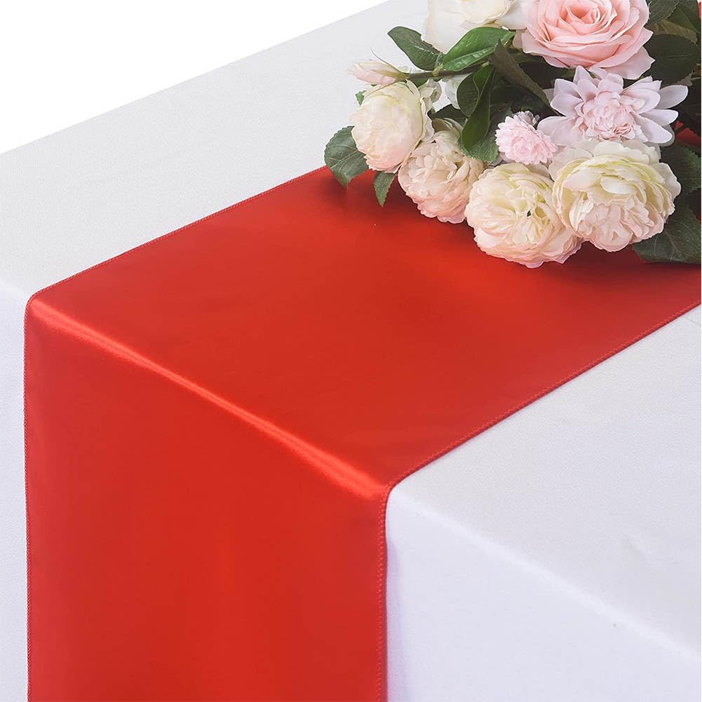 10 Pack Red Satin Table Runners 12 x 108 Inches Fit Rectangle and Round Table Decorations for Events Christmas Birthday Party Wedding Banquets Graduations Engagements