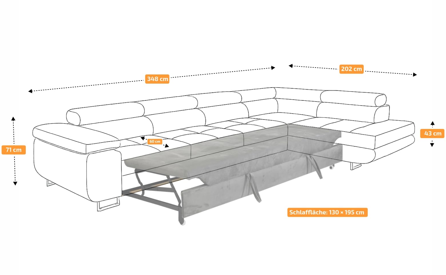 Ecksofa mit Schlaffunktion PASTI XL L-Form, Sofa Couch mit Bettkasten, Couch Eckcouch, Schlafsofa für Wohnzimmer Couch mit Schlaffunktion (Grau, Ottomane Rechts)