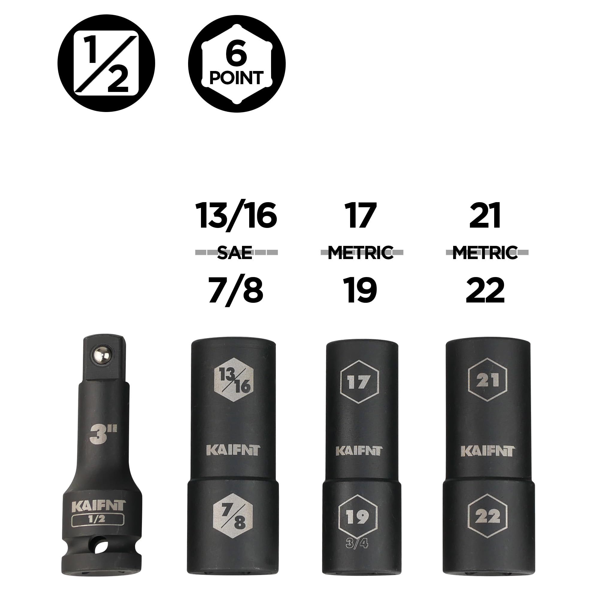 K232 - Juego de llaves de vaso de impacto de pared extrafinas, tuercas de lengüeta, unidad de 1/2 pulgada, 4 piezas