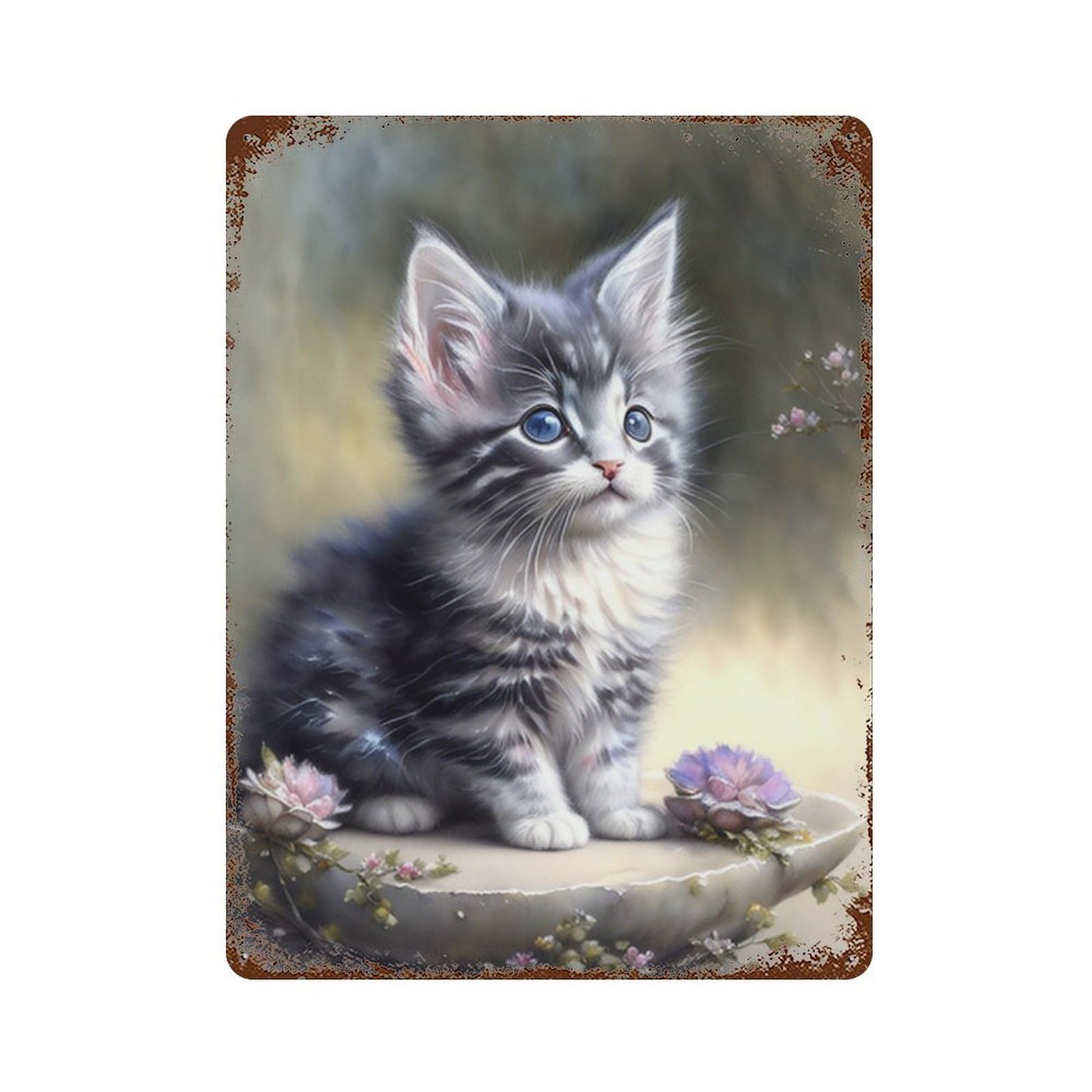 Vintage Rust Metal Sign with Cute Kitten with Blue Eyes Design 15.7"x11.8", for Office, Studio And Wall Decor, Farmhouse Wall Decor
