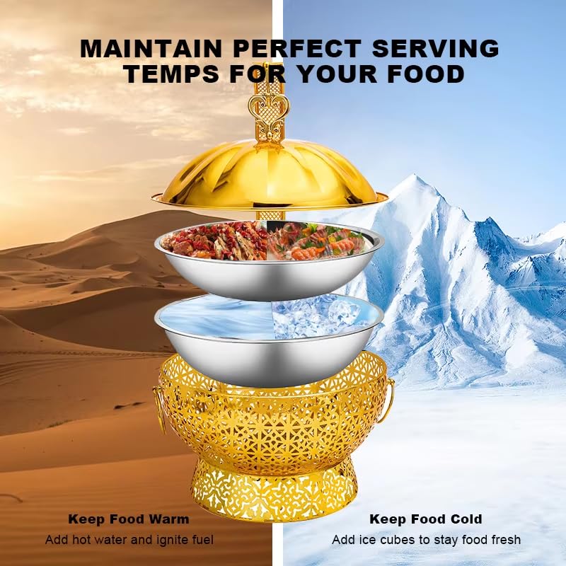 Chafing Dish Buffet-Set 4 Stück, 8 Qt Edelstahl Chafer Buffet Server und Wärmer Sets mit Deckel, runde Aufhängung Typ Chafing Dishes für Partys, Hochzeiten, Catering-Events, luxuriöses Gold